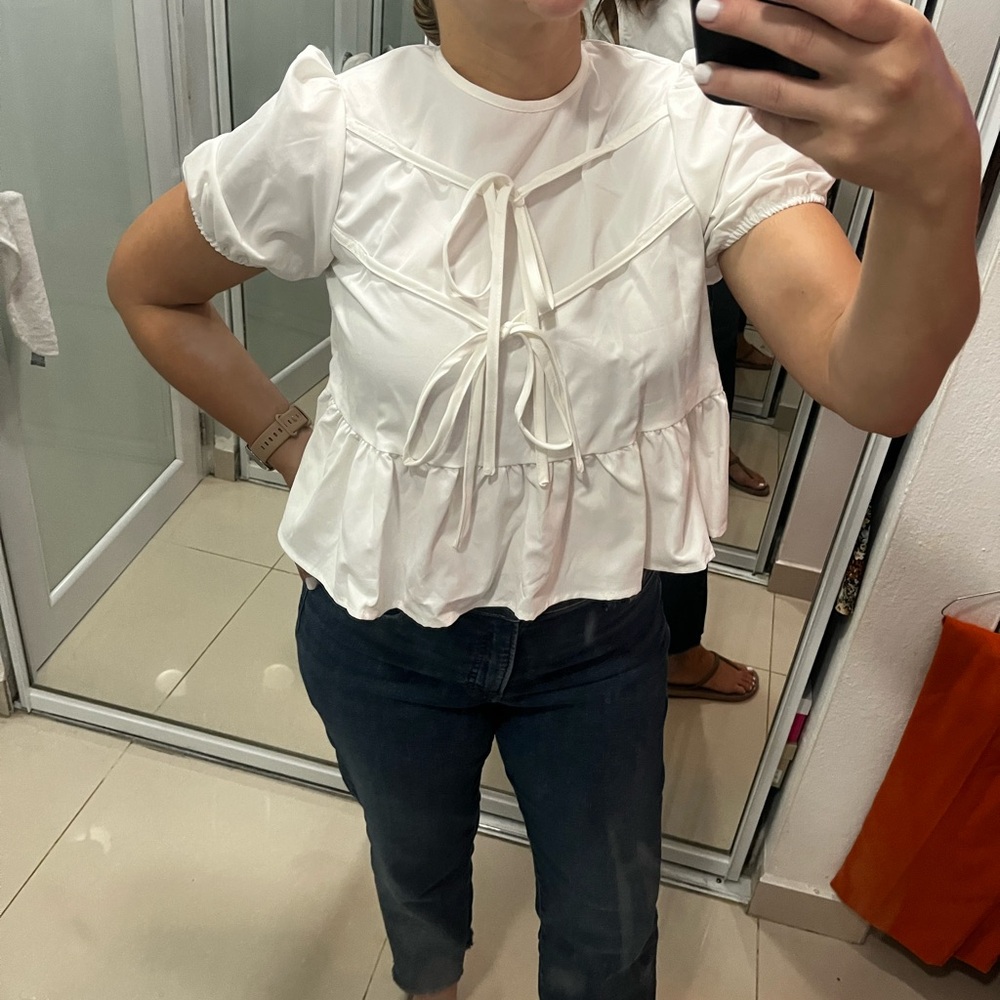SHEIN White Tie-Front Ruffle Blouse